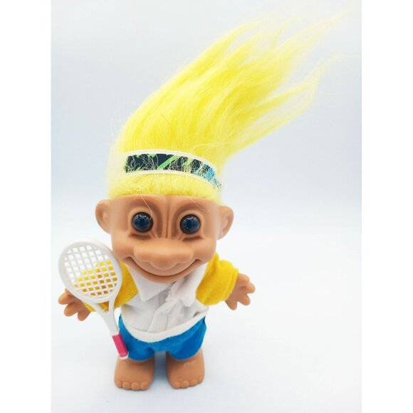 Vintage Troll Doll Tennis Player Yellow Hair 4 Inch Toy Collectible Russ Berrie - Picture 2 of 14